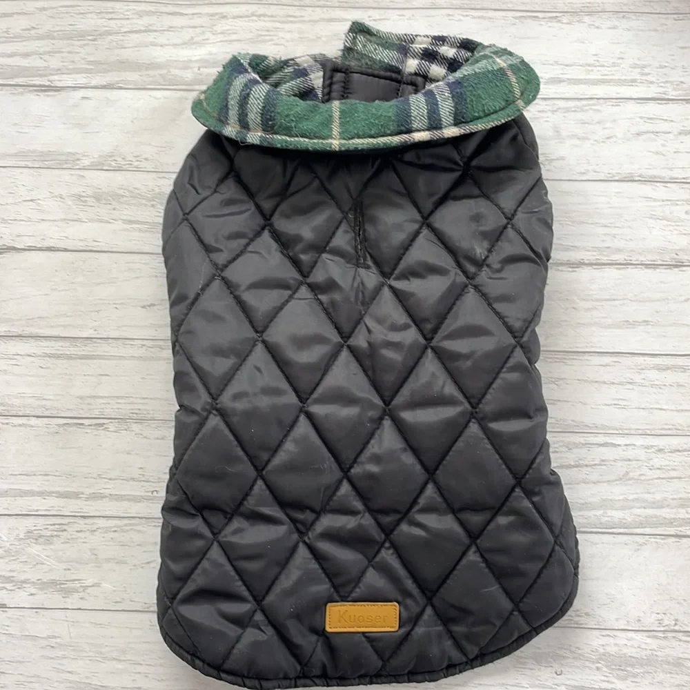 KUOSER Reversible Green Plaid/Solid Black Waterproof Dog Winter Coat, Medium